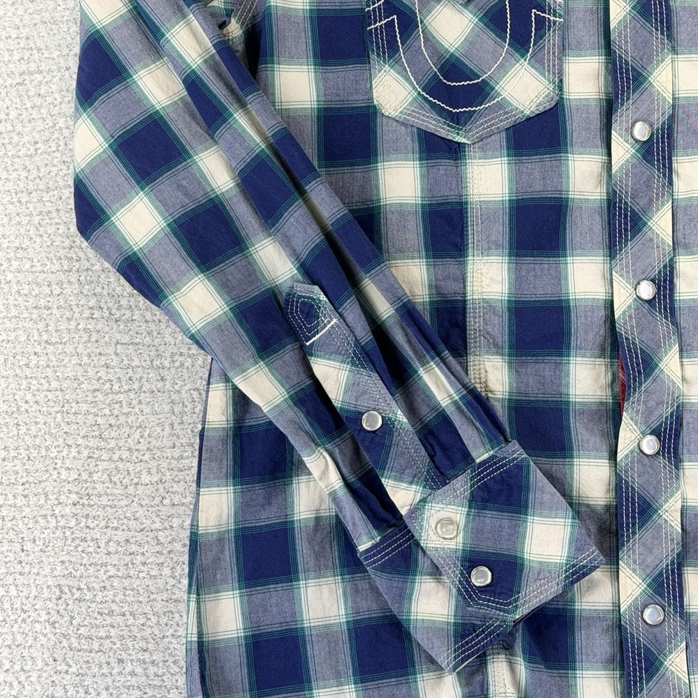 True Religion Western Pearl Snap Shirt Mens Large Blue White Plaid Long Sleeve - Picture 3 of 15